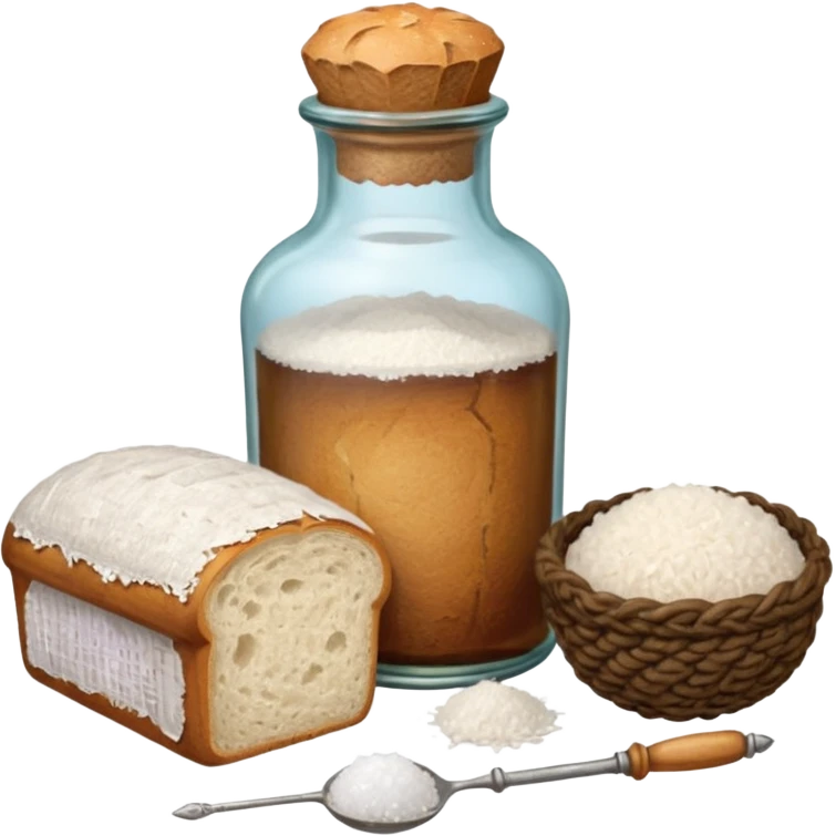 a one victorian bottle of salt and a loaf of bread - crochet needles and a ball of wool emoji