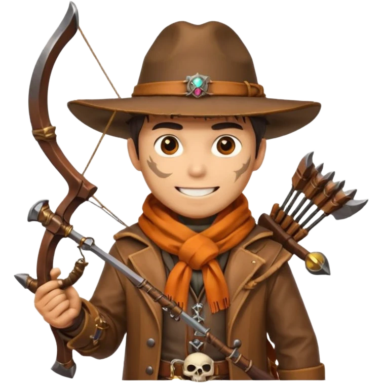 male human monster hunter emoji, wearing brown leather coat and wide hat, holding crossbow or rifle, with amulet shaped like skull, Halloween fantasy theme, confident smile, orange scarf, Apple emoji style, clean white background, square image emoji