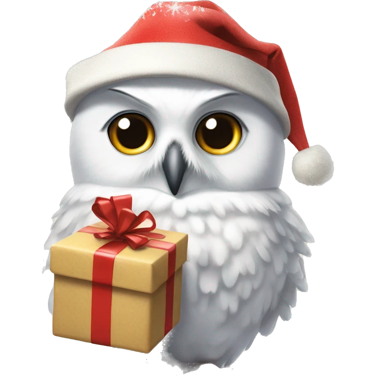 Hedwig the snowy owl, wearing a tiny Christmas hat, carrying a rolled-up letter tied with a festive ribbon in her beak emoji