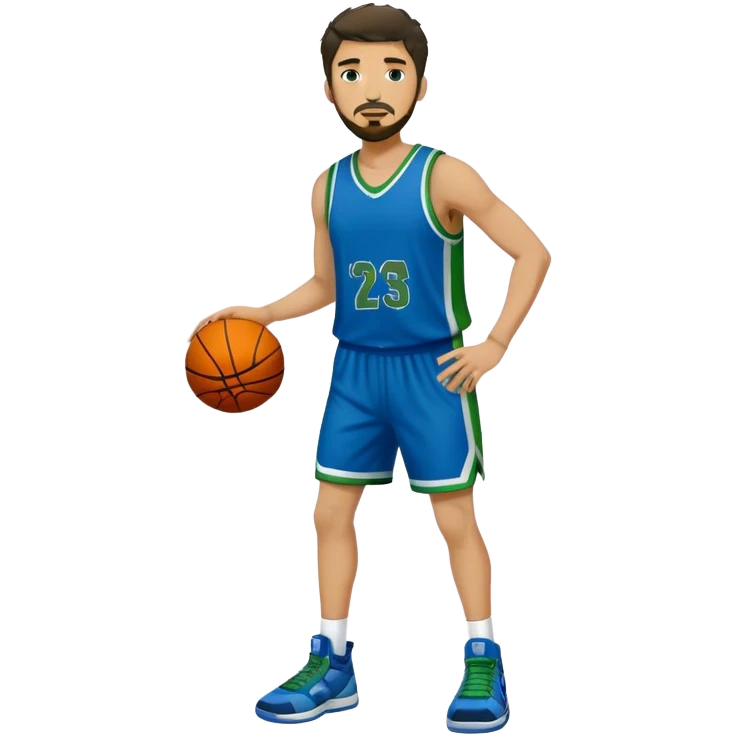 Full Body white male basketball player with short dark shaggy hair and goatee wearing green and blue uniform emoji