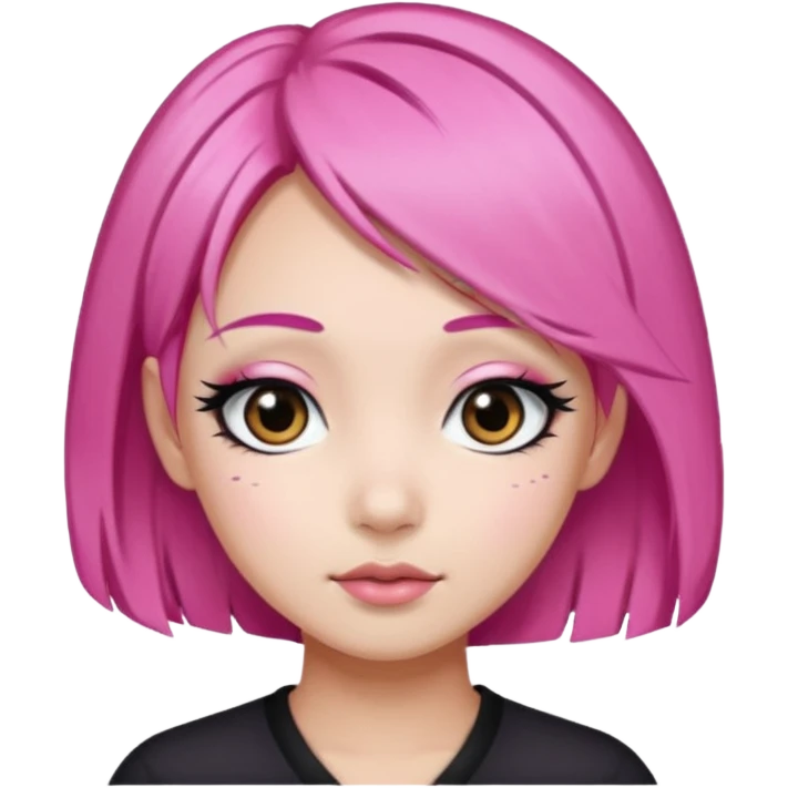 An Asian girl with pink hair, big eyes, thick eyebrows, and long eyelashes;  emoji