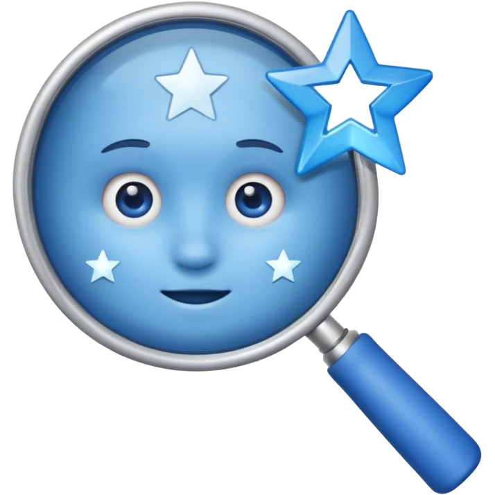 A blue left hand holding a magnifying glass which is showing blue stars emoji