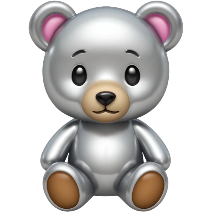 A cute teddy bear emoji made of liquid silver chrome, smooth rounded body, glossy metallic surface, soft reflections, friendly proportions, iOS emoji style, centered, clean white background emoji
