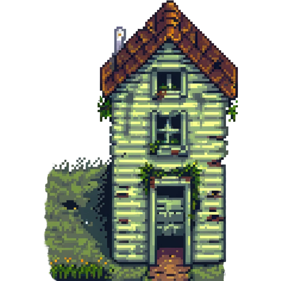 shabby house, pixel art style, broken windows, overgrown grass emoji