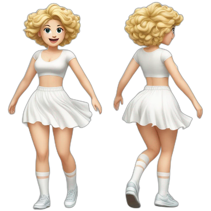 Hyperrealistic Full body Caucasian curvy beauty jumping short white skirt back and front views strong wind knickers long white socks emoji