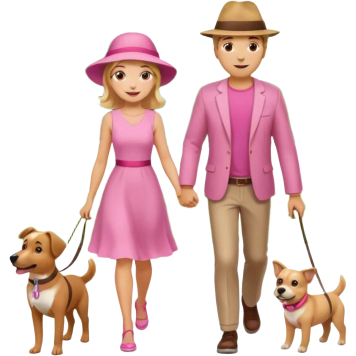 Девушка со светлыми волосами весёлая на прогулке с собакой в парке в розовом платье и с парнем emoji