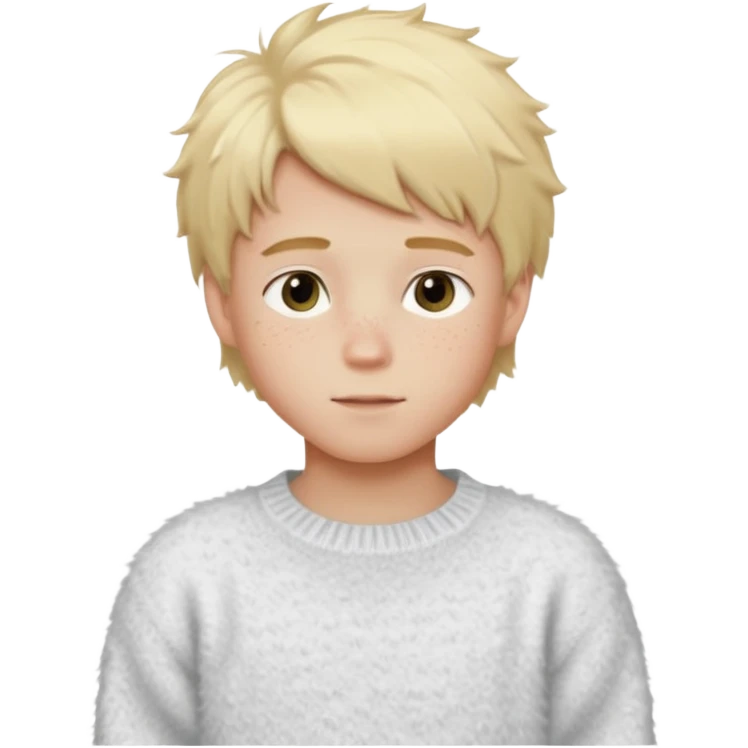 create-a-look-for-a-blond-boy-with-long-tousled-hair-light-eyes-a-white-sweat + fluffy white sweater + styled hair blonde with hair to the side cute + cute face with freckles  medium hair fluffy to the side no long hair cute hair blonded no messy medium height emoji