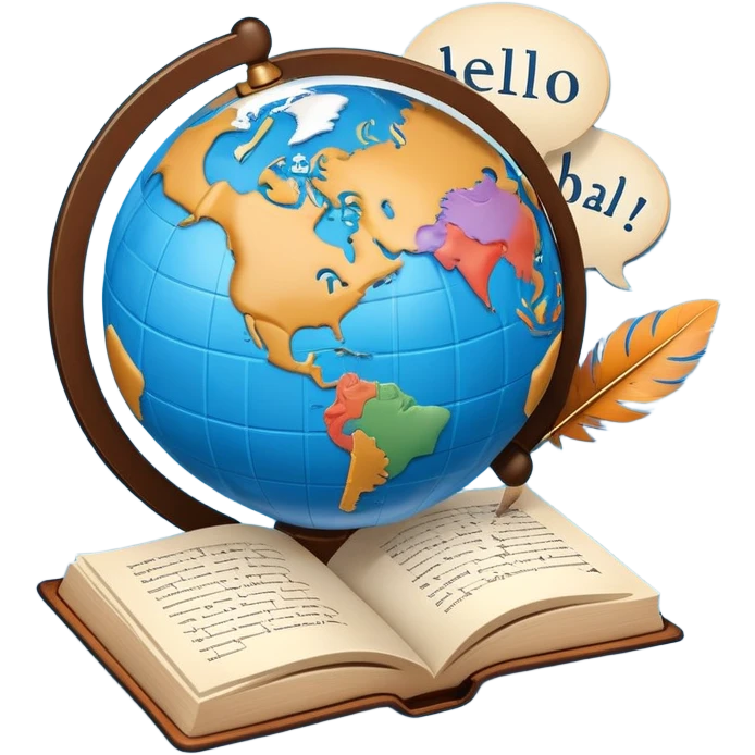An icon showing a globe surrounded by speech bubbles with greetings in different languages, like 'Hello,' 'Hola,' and 'Bonjour.' The design includes an open book and a quill, symbolizing learning and communication. Transparent background emphasizes global connection through language. emoji
