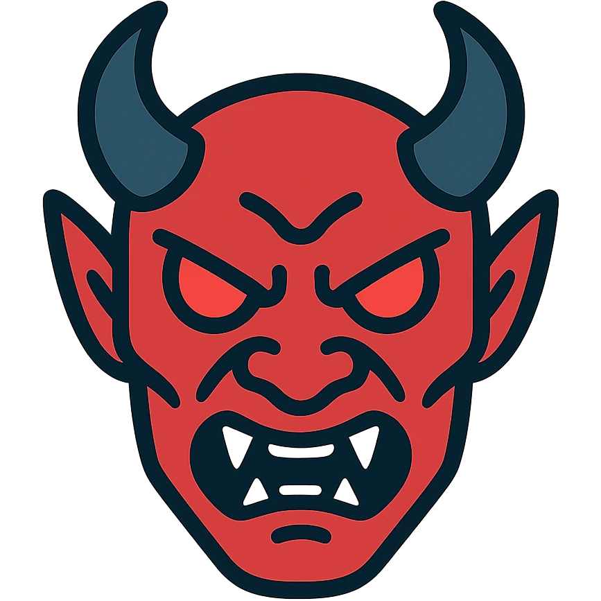 Akuma logo, demon face with red glowing eyes, fierce expression emoji