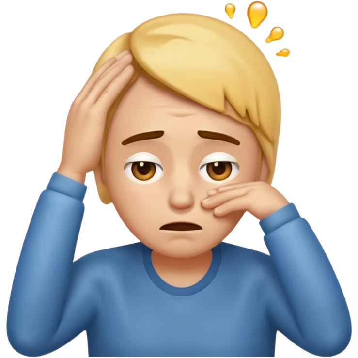 classic emoji style face with a hand on forehead, tired expression, and sweat drop, looking hungover emoji
