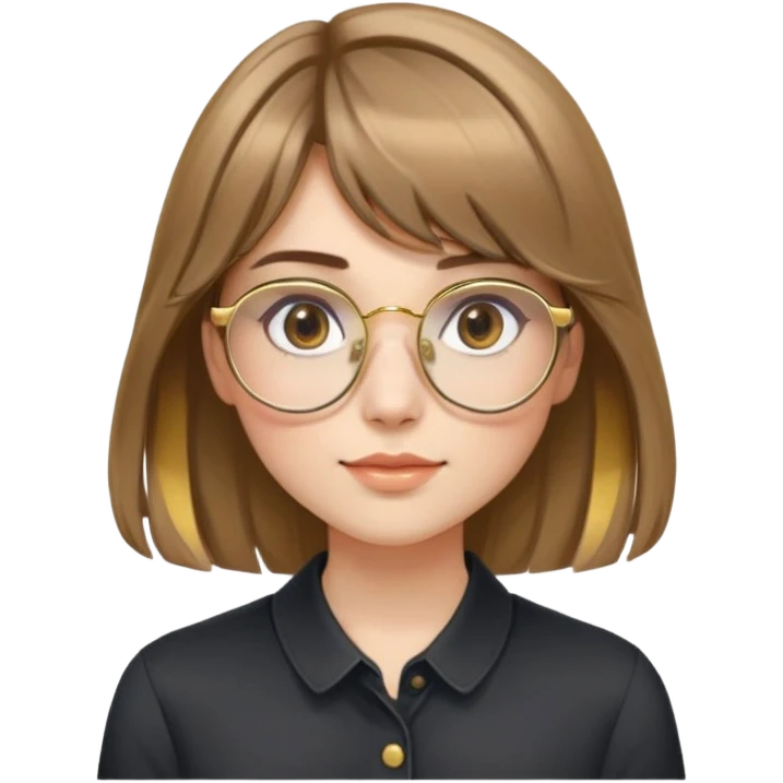 young adult woman with fair skin, round face with soft cheeks, light brown hair with golden highlights, voluminous and straight with slight waves, long bangs over eyebrows, large octagonal gold metal frame glasses, dark casual shirt, friendly and creative expression emoji