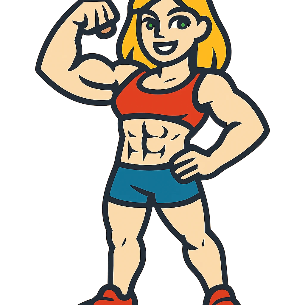 full body pose of a muscular white girl with blonde hair and green eyes, flexing 6 pack abs and one arm bicep emoji