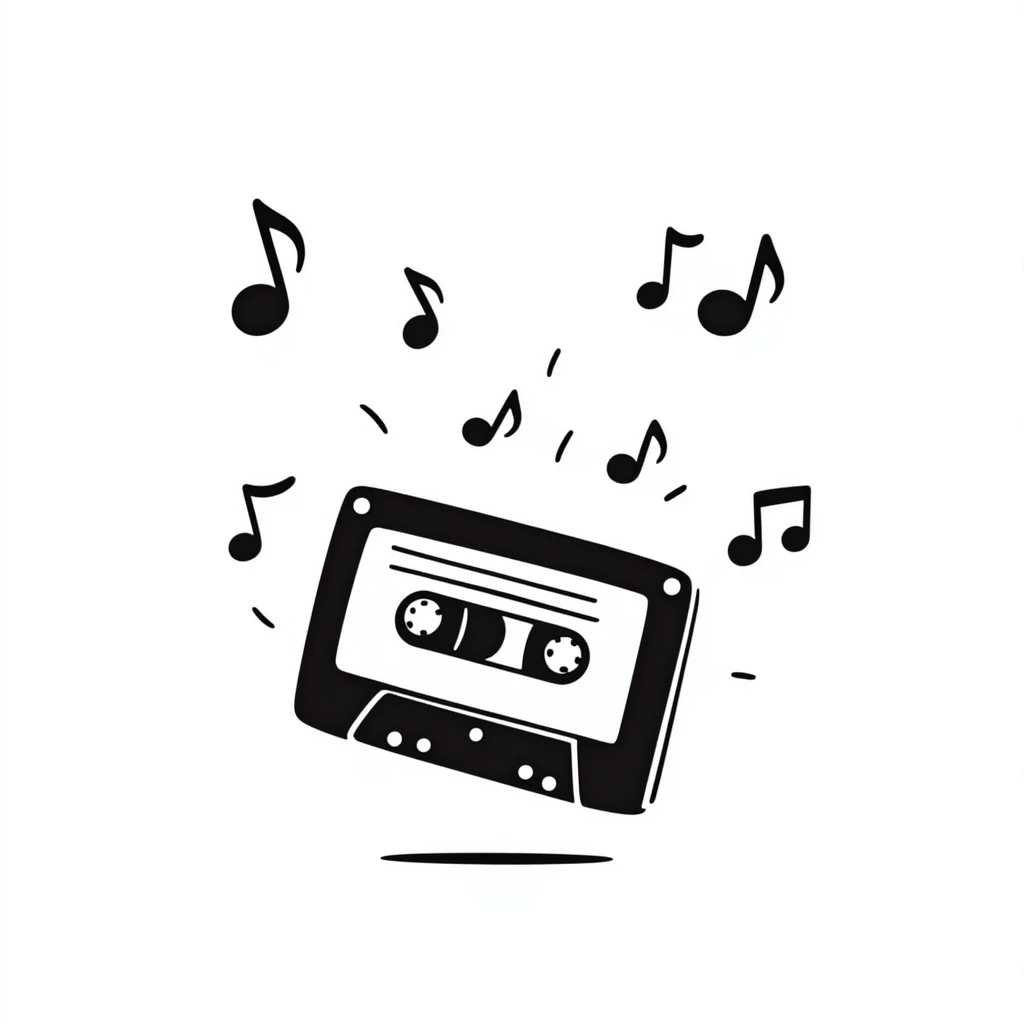 A hand-drawn cassette tape with music notes floating around it emoji
