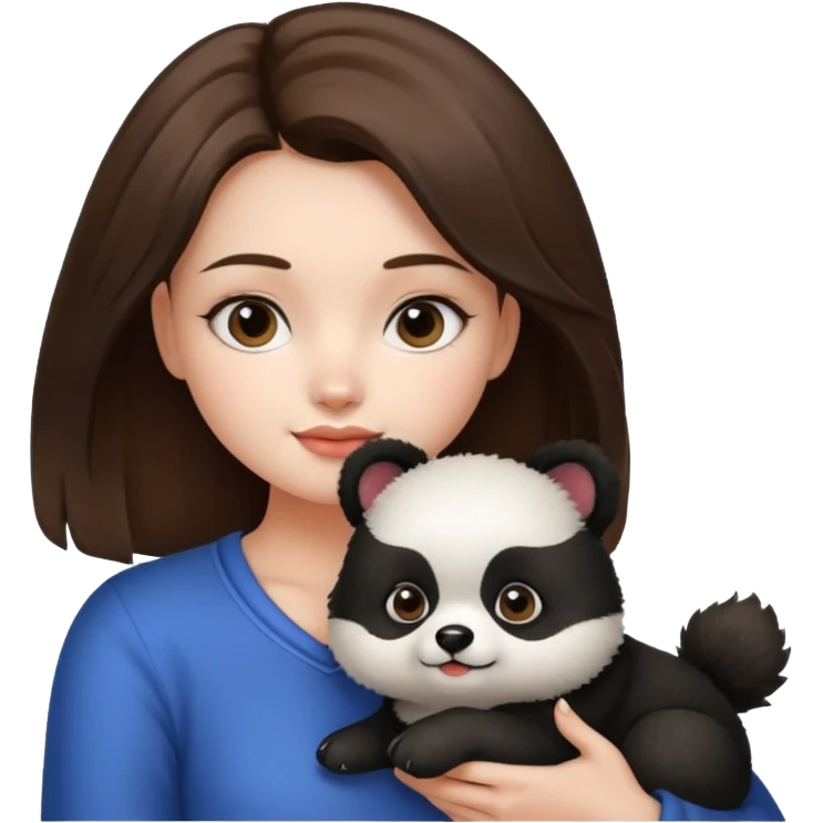 Girl with brunette hair is holding her dog thats a pomeranian and looks like a panda. emoji