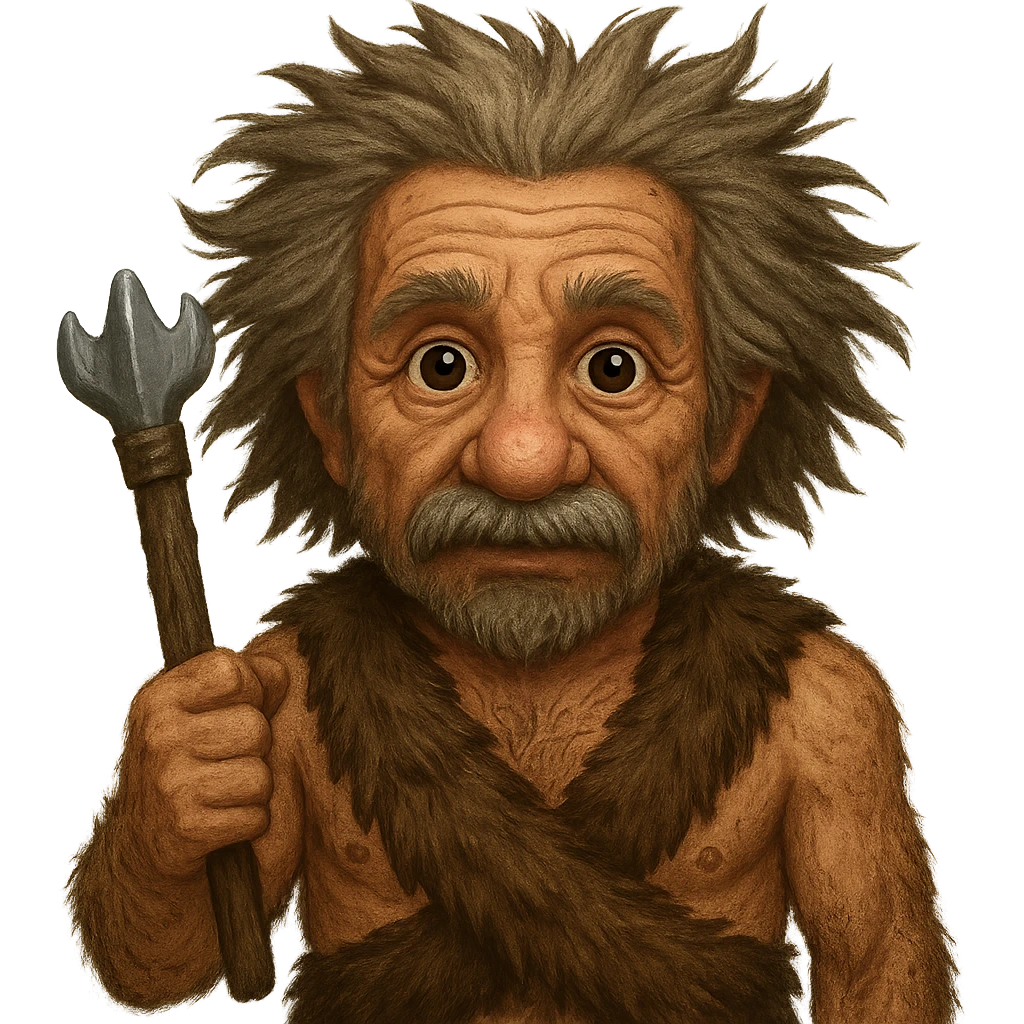 Make Albert Einstein as a caveman look more primitive, with rougher clothing, messy hair, and a more rugged appearance, in emoji style with no background. emoji