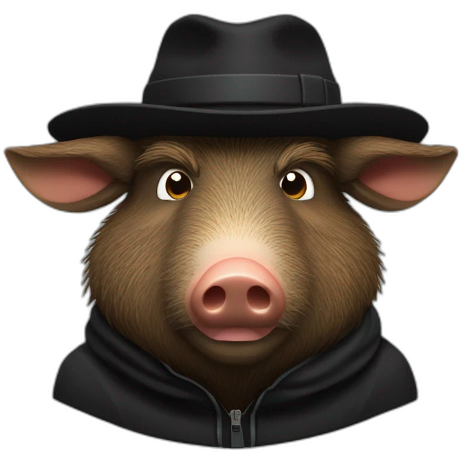 fullface wild brown boar tired of life with stubble in a black jacket and a black winter hat emoji