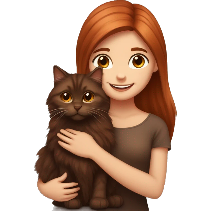 Copper red straight haired happy girl with dark  brown eyes hugging a fluffy dark brown Siberian cat emoji