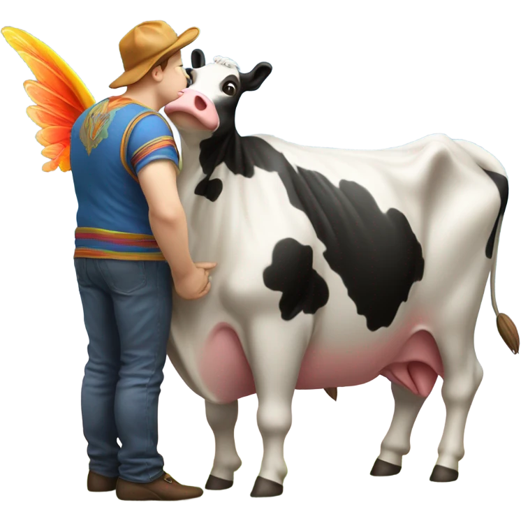 Fat man smooching a beautiful flying cow emoji