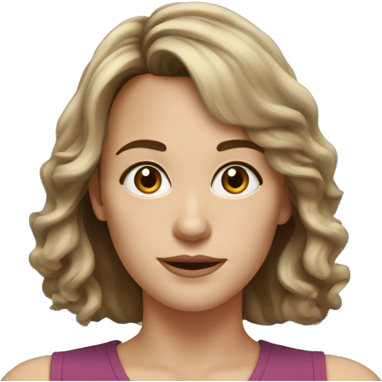 A white woman in her 30s with wavy shoulder length brown hair, bangs, hazel eyes emoji