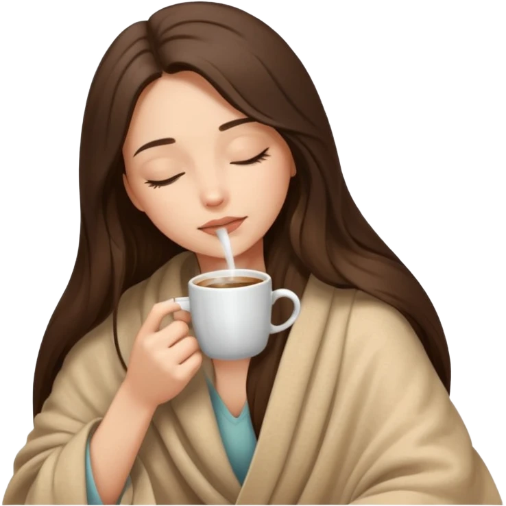 Brunette girl long hair inside a beige blanket sipping coffee eyes closed emoji