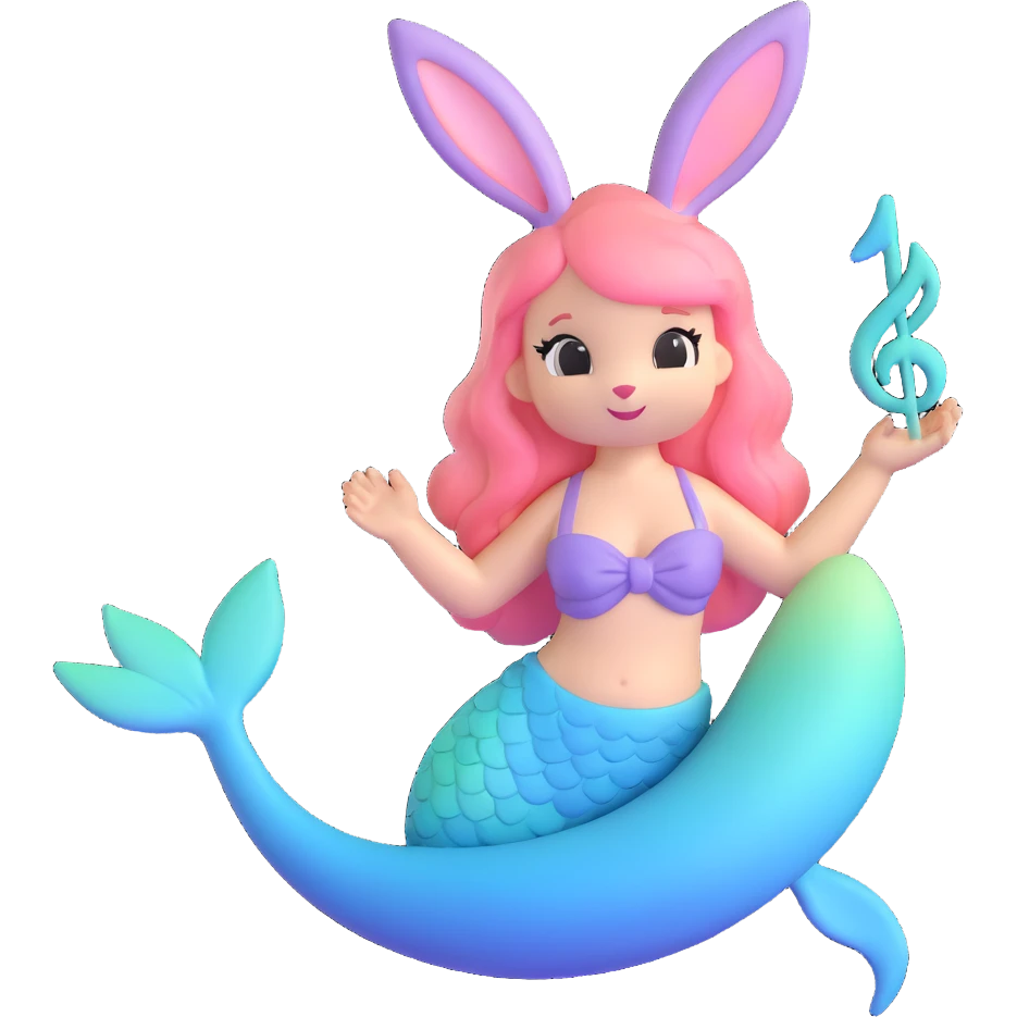 Turn this cute bunny-mermaid illustration into a 3D iOS 18 emoji style. Keep the pastel colors, soft features, and musical note, but render it with smooth, rounded, and glossy 3D effects typical of iOS 18 emojis. emoji