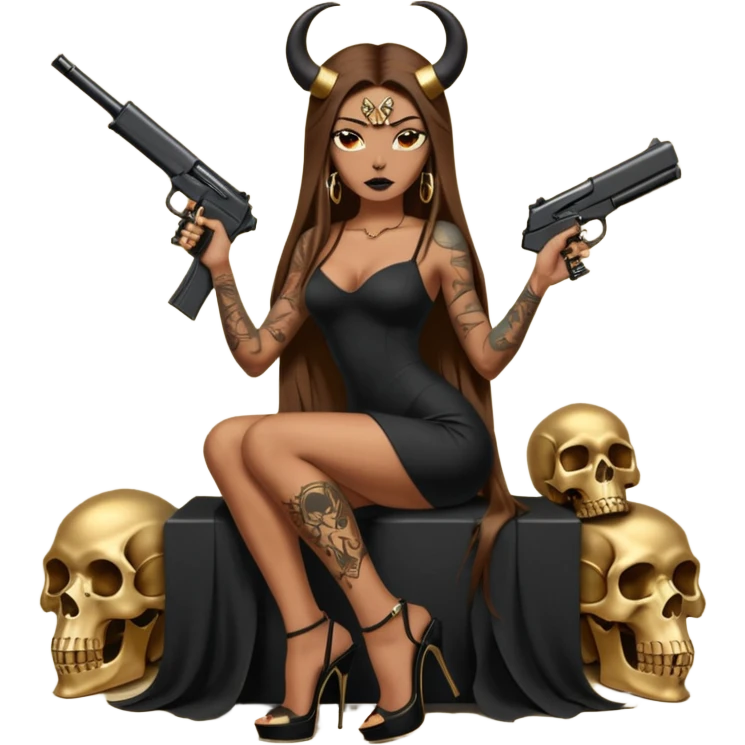 Sensual woman long brown straight haired sexy drug lord woman with tattoos on arm sleeves and black thick butt platform high heels on her feet, and devil black horns on her head, she is holding a skull head and a gun. Sitting on gold cases full of gold , long black dress with sexy slit emoji