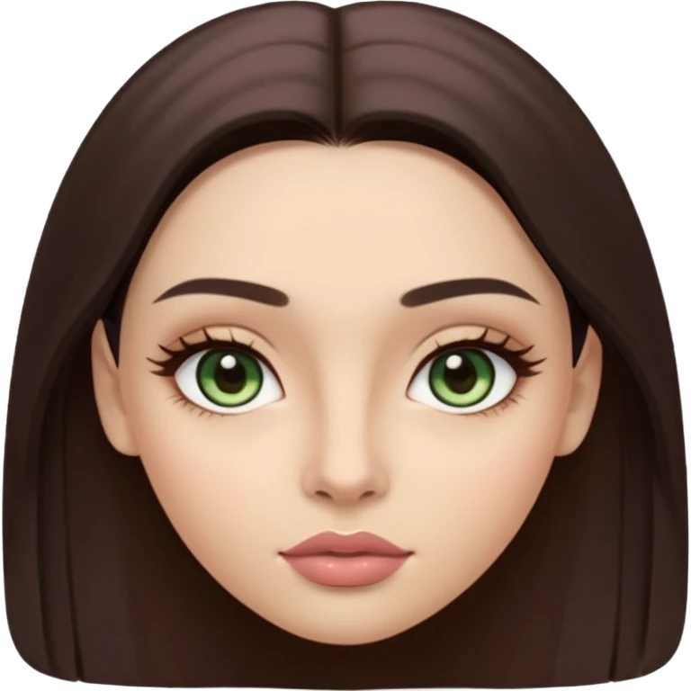 Girl with oval face with light skin. Long, straight, dark brown hair parted in the middle. Large, almond-shaped greenish chestnut eyes with light shimmer eyeshadow. Dark, naturally arched eyebrows. Slim nose with a defined bridge. Full, well-shaped lips with mauve gloss. emoji