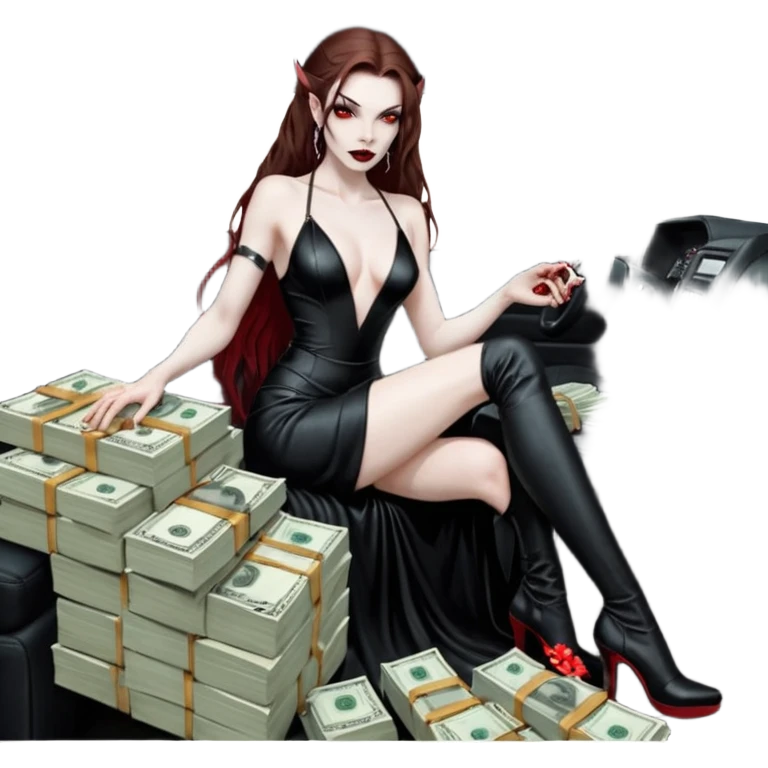 Lilith red eye seductress evil long brown haired sexy succubus woman with leather long dress with slit on, sitting in Big Large F350 pickup truck. Wearing super tall black platform high heels, Back seat full of stacks of cash, she is  Holding a human skull of her enemies and a gun in other hand emoji