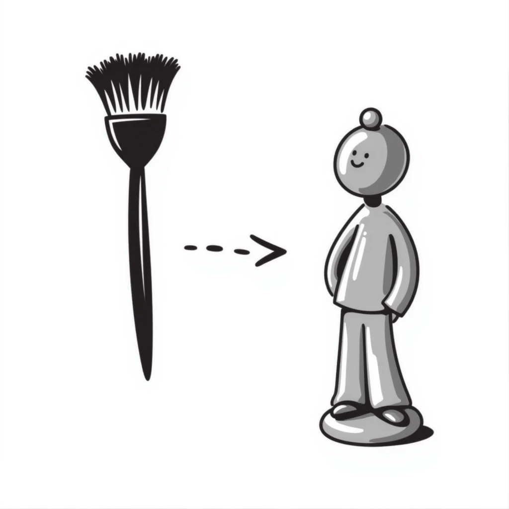 A paintbrush morphing into a silver metal human figure sculpture, representing artistic identity, with a shiny silver finish emoji