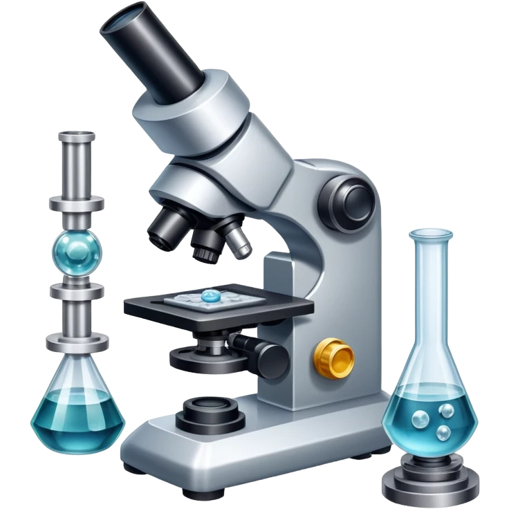 An icon featuring an electronic microscope, a metal alloy, atomic structure symbols, and a crystal structure, symbolizing materials science. The design includes different materials like metals, ceramics and polymers, alongside a stamp representing testing and quality control. Transparent background emoji