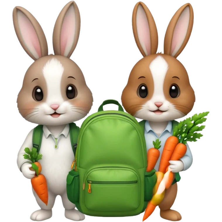  Two bunny brown & white, bunny with a green backpack, holding a carrot emoji