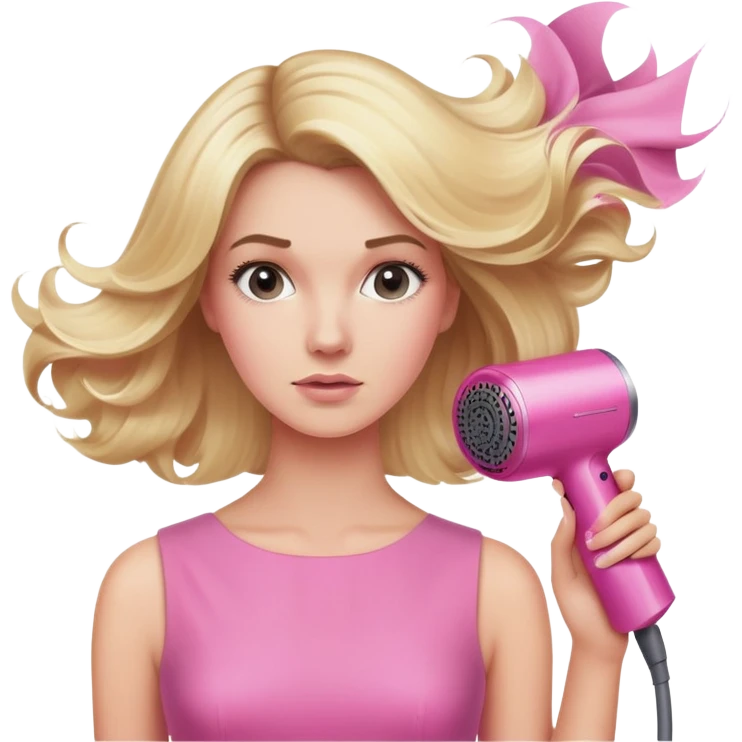 blonde woman in pink dress with pink Dyson hairdryer, hair blowing dramatically emoji