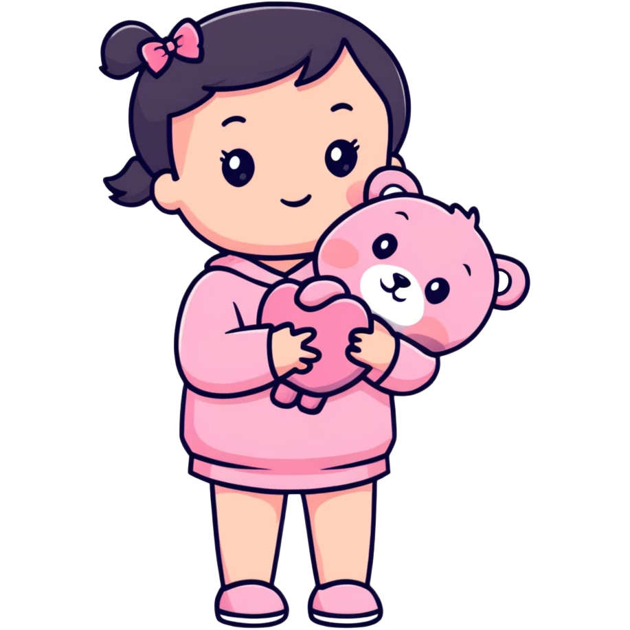 cute toddler girl with pastel pink clothes holding a pink teddy bear emoji