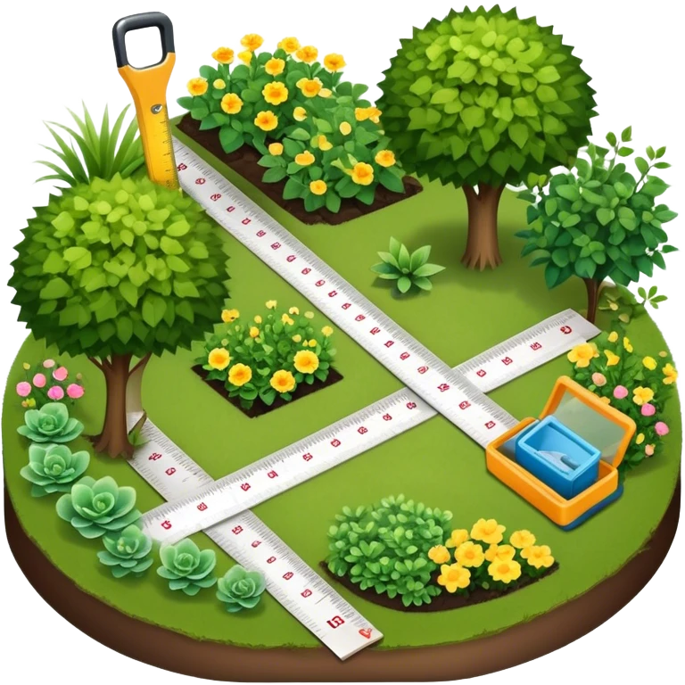 Icon for Landscape Design: a garden layout with plants, trees, paths, and design tools like a ruler, pencil and measuring tape. The icon should represent creativity in outdoor space planning and gardening. Transparent background. emoji