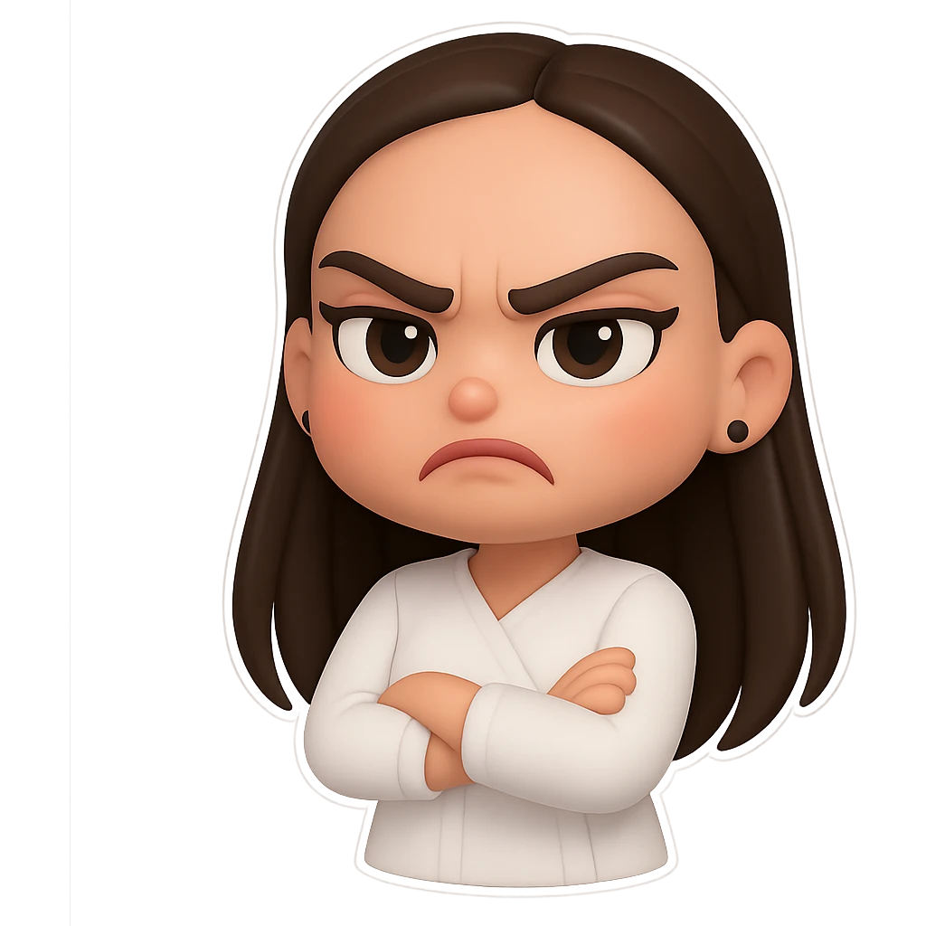Create a chibi sticker of the girl from the reference image with long hair as shown. She has an angry expression, in 3D bitmoji chibi style with a white outline and transparent background. emoji