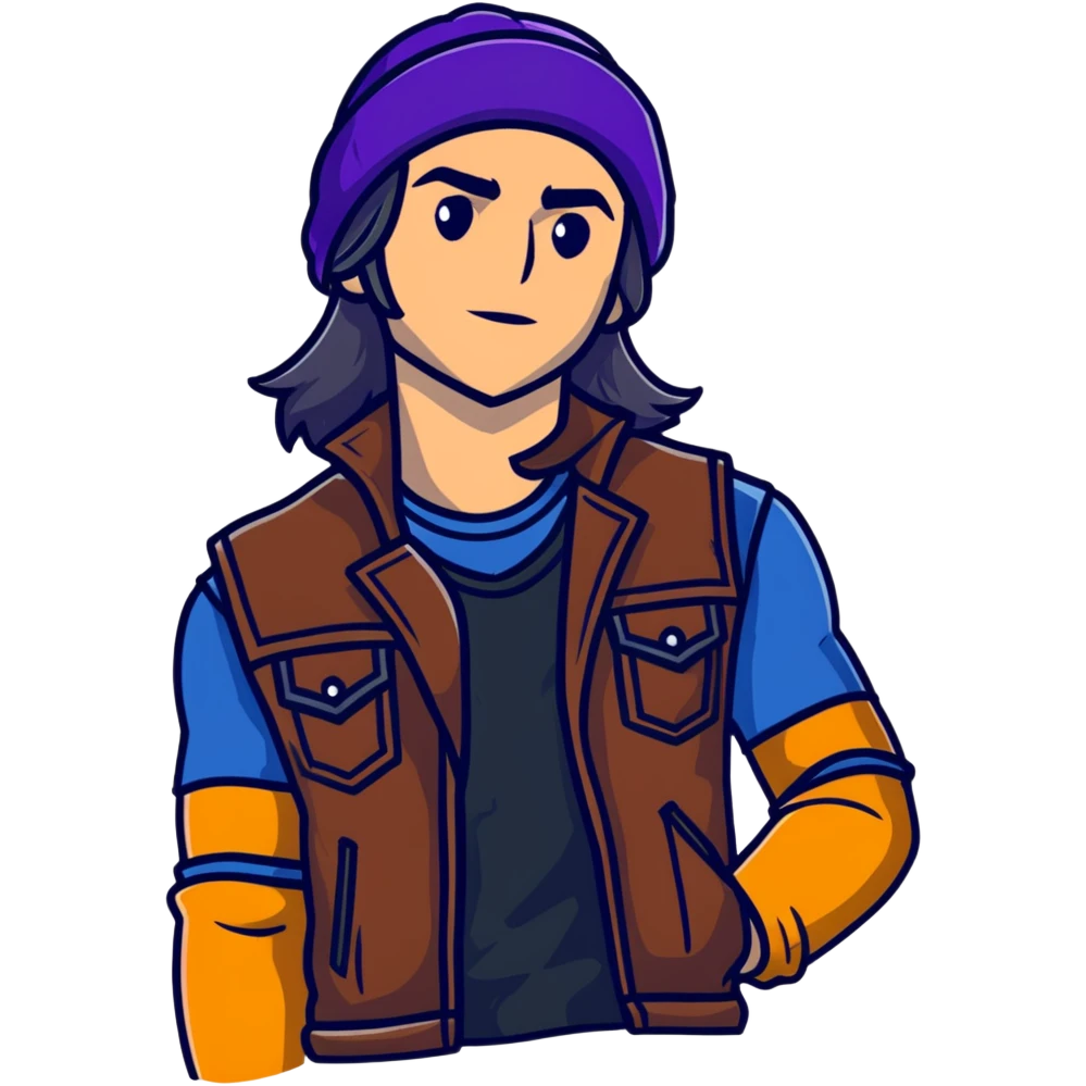 Jay from Descendants, long hair in a beanie, leather vest, athletic build emoji