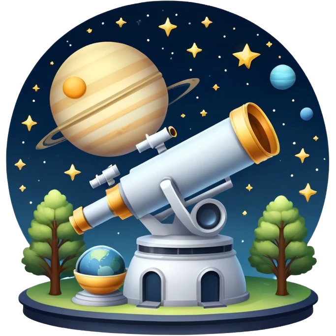 An icon featuring visible planets, distant stars, and galaxies, an observatory with a giant telescope, set against a starry sky, symbolizing the study of astronomy and celestial exploration. Transparent background highlights the wonder of the universe. emoji