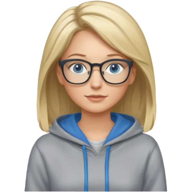 a woman, blonde highlights in hair, glasses and blue eyes. teacher, with a hoodie on and hair longer than shoulders, mid 30s  emoji