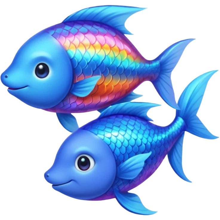 Make a pair of hugging or cuddling best friends: a rainbow fish glow with a magical aura and a vivid blue fox emoji