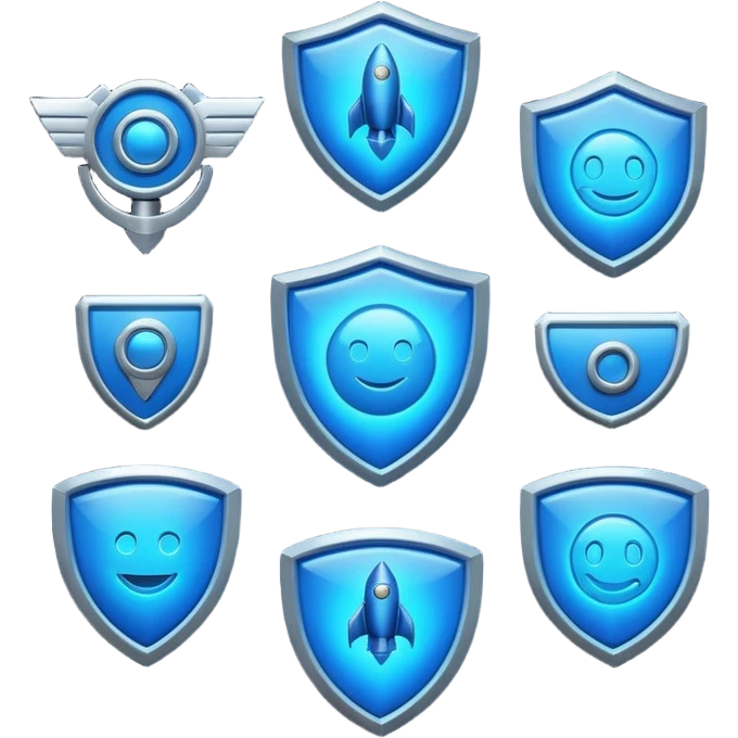 Futuristic glowing blue emoji badge set for the brand name “DRAEV” — includes shield, checkmark, camera, briefcase, verified tick, bot face, and rocket. Neon blue glow, dark gradient background, cyber aesthetic, 3D soft lighting, premium tech style. emoji