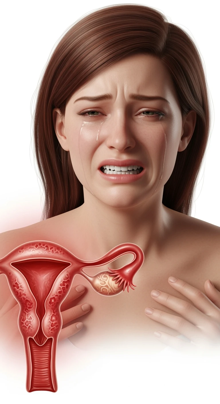 donna con utero umano realistico in evidenza dolorante, espressione di dolore in volto, sfondo bianco emoji