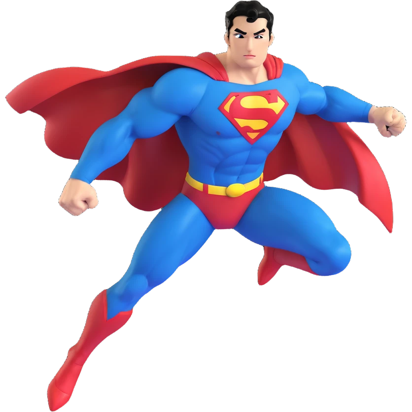 ultra-realistic 3D emoji of Superman, heroic and energetic, flying through a dramatic sky, blue suit, red cape, glowing yellow 'S', muscular build, chiseled jaw, signature black hair curl, sunlight beaming, vibrant colors, shiny and crisp emoji