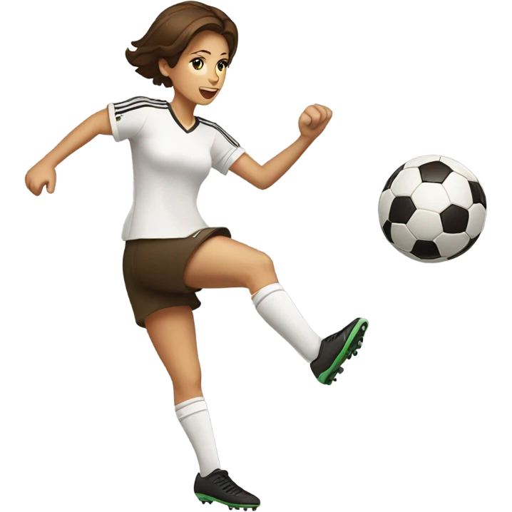 Pretty woman with short brown hair kicking a soccer ball emoji