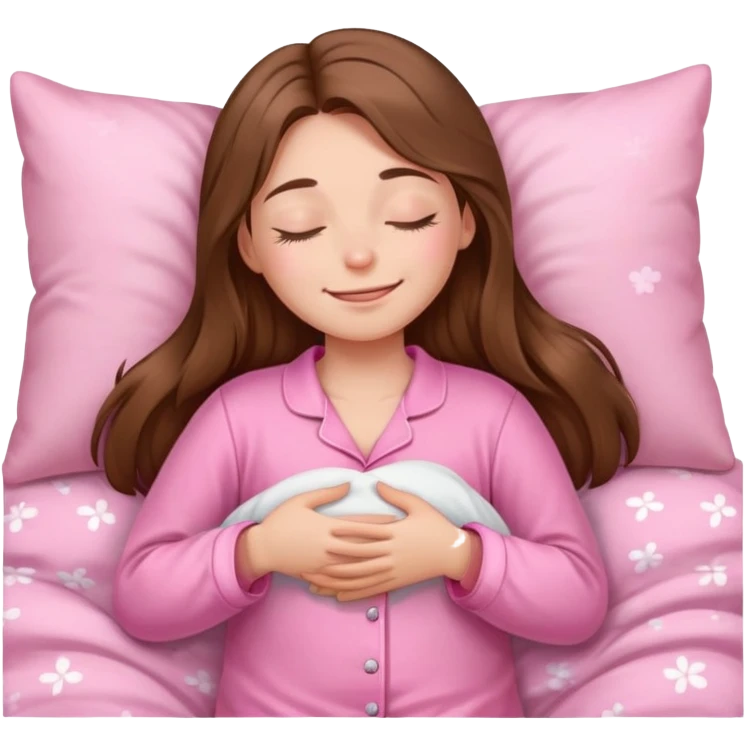 The brown long hair girl going to sleep in pink pajama with smile and closed eyes emoji