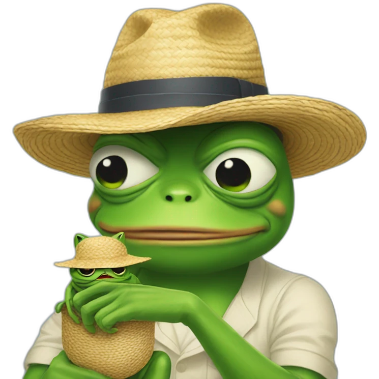 pepe frog holding cat with straw hat and he is sad  emoji