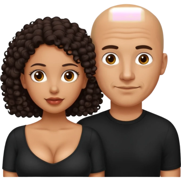 A picture of a sexy tanned couple. the man is Mexican, with a bald hair cut and a black shirt. the woman is mixed, she has curly longer dark brown hair,  she has glasses only, and with big boobs. Take the glasses of the man emoji