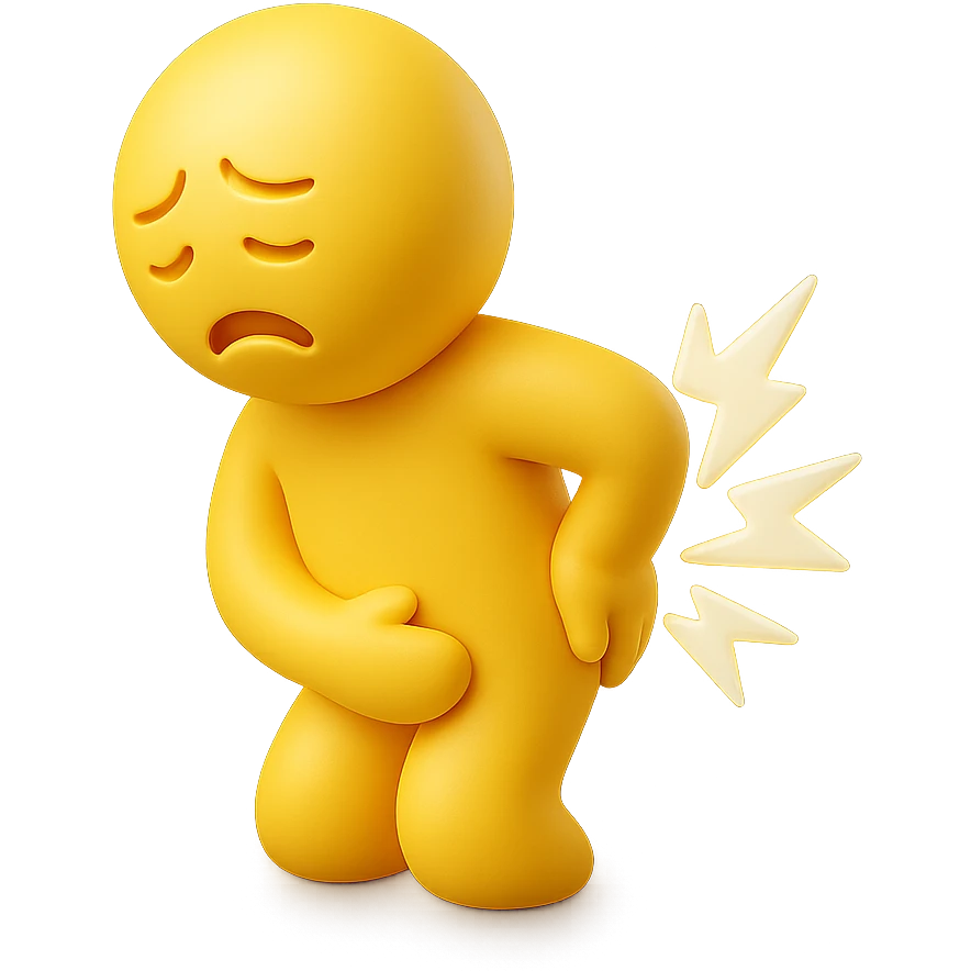 person with back pain, holding lower back, pained expression, yellow emoji style emoji