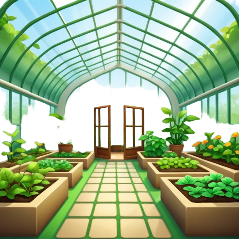 A 3D cartoon greenhouse filled with green plants and sunlight streaming through glass panels, earthy floor, bright natural light, Memoji-style texture and depth. emoji