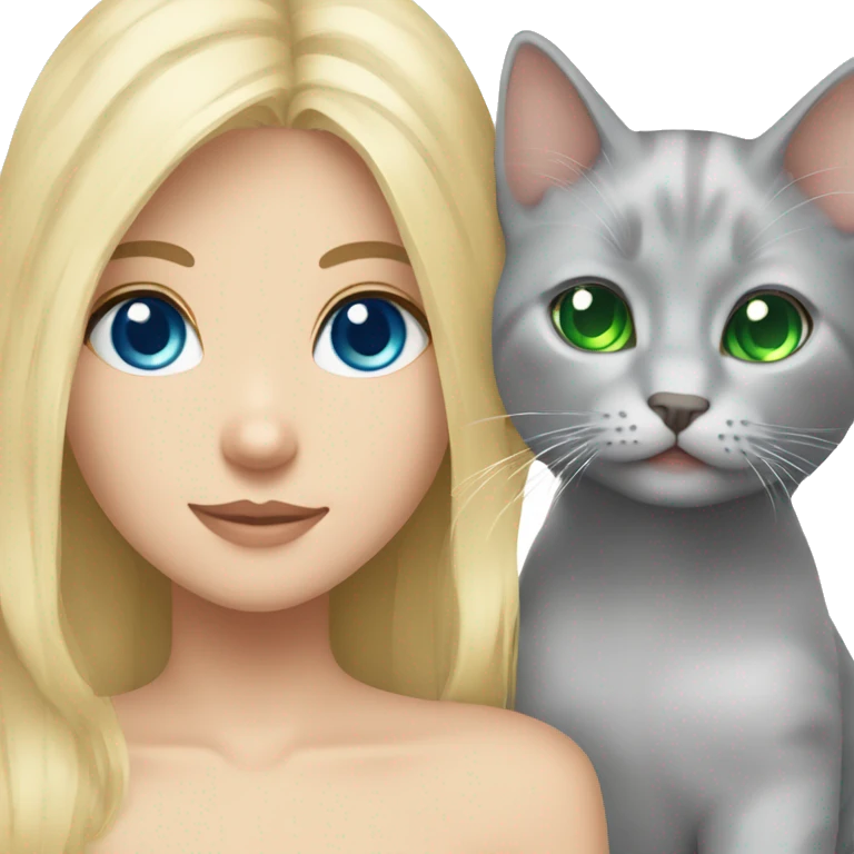 blue eyes grey kitten and green eyes blonde girl are friends emoji