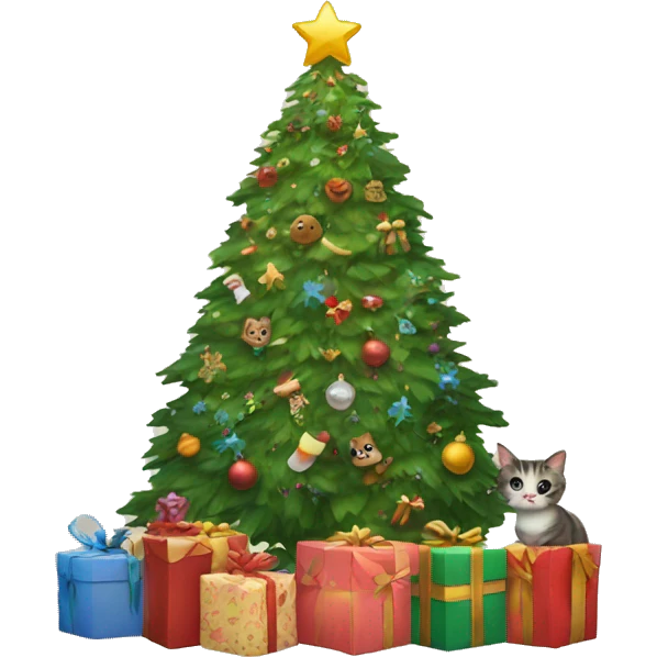 christmas tree surrounded by presents and cats emoji